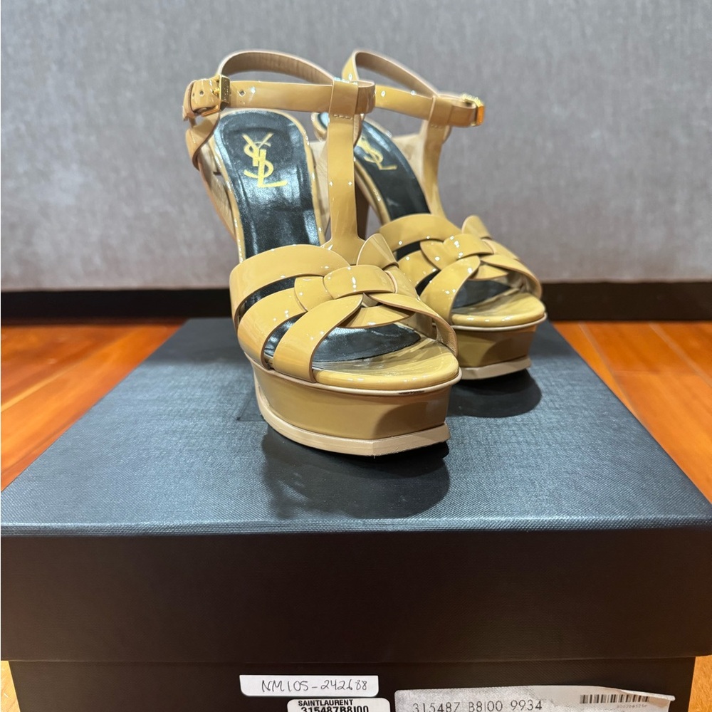 Ysl tribute 105 patent darker nude sandals